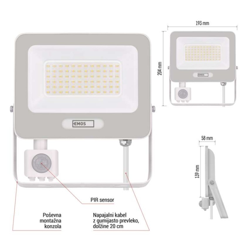 LED reflektor GLARO PIR 50 W, bel, IP54, 5000 lm, nevtralna bela
