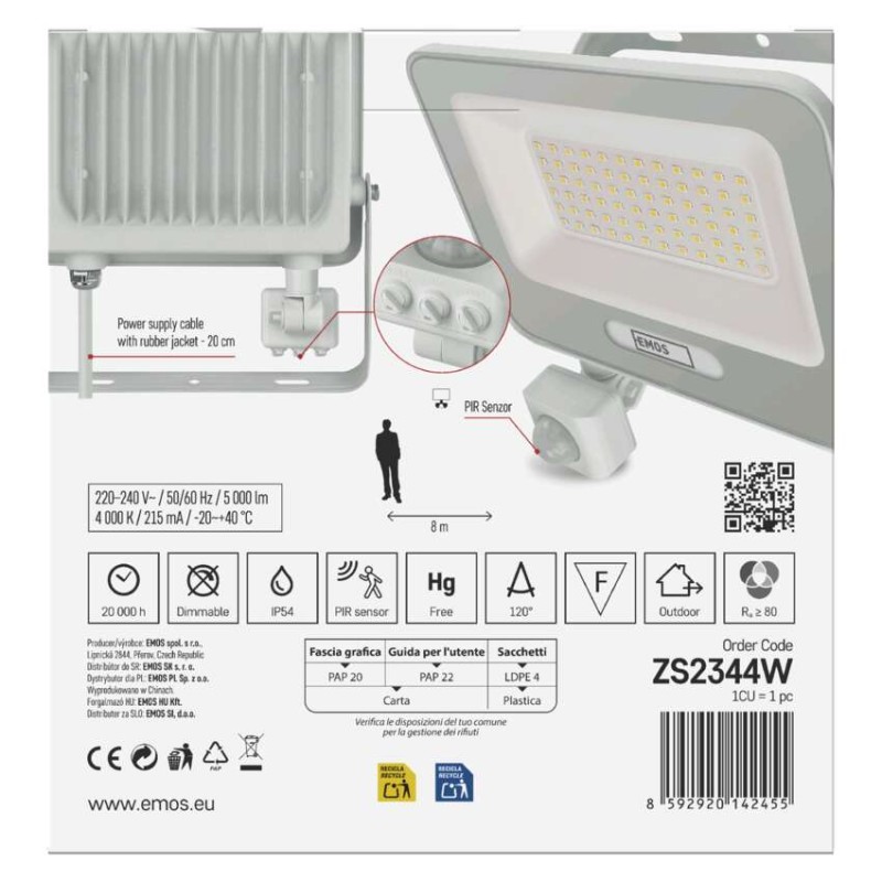Naświetlacz LED GLARO PIR 50 W, biały, IP54, 5000 lm, neutralna biel