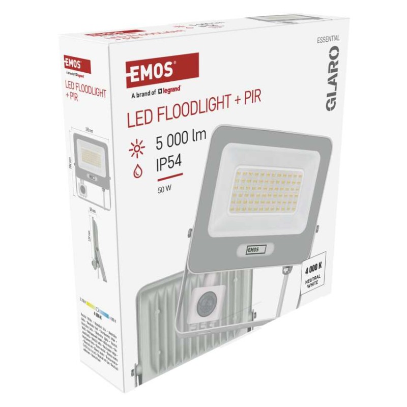 Naświetlacz LED GLARO PIR 50 W, biały, IP54, 5000 lm, neutralna biel