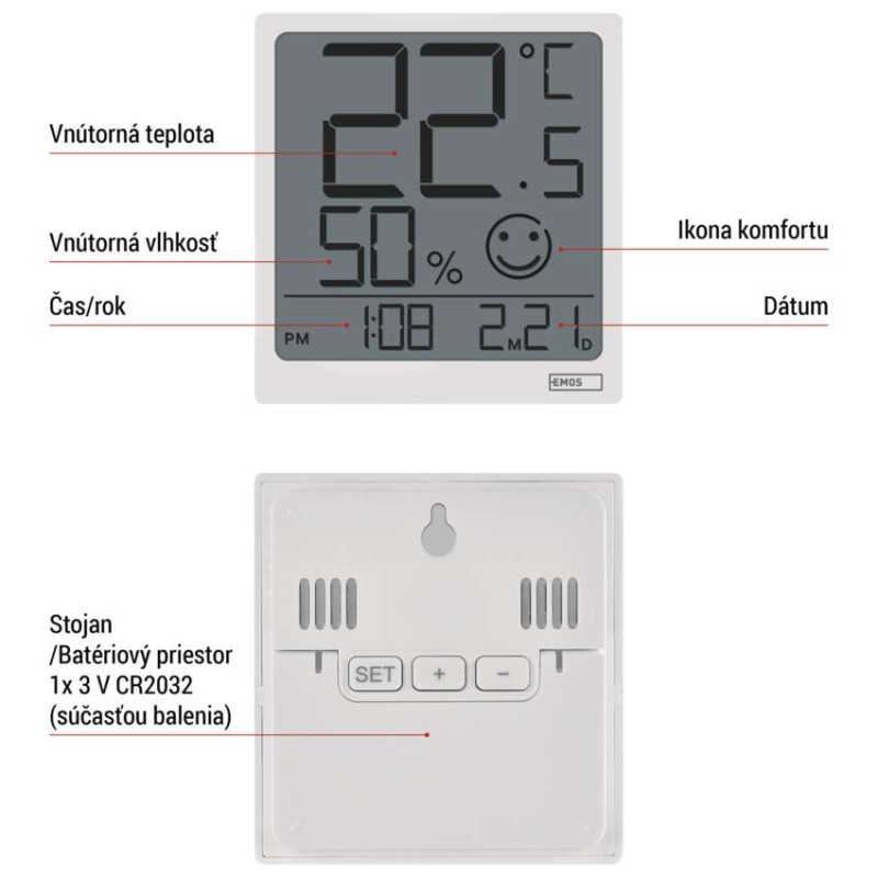 Digitálny teplomer s vlhkomerom, bezdrôtový snímač, dátum E0522