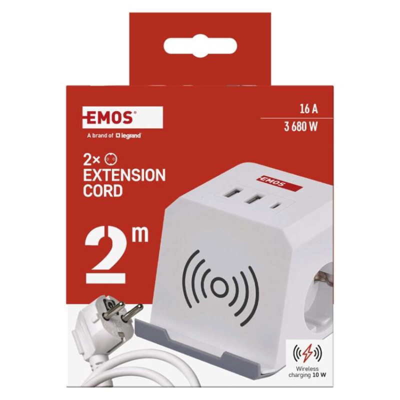 Ilgintuvas – Cube 2 m / 2 lizdai / baltas / 2×USB-A+1×USB-C+Qi  / 1,5 mm2 