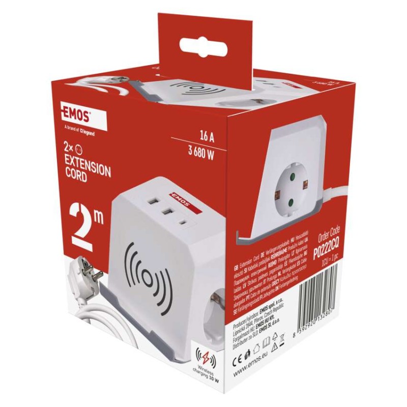 Ilgintuvas – Cube 2 m / 2 lizdai / baltas / 2×USB-A+1×USB-C+Qi  / 1,5 mm2 