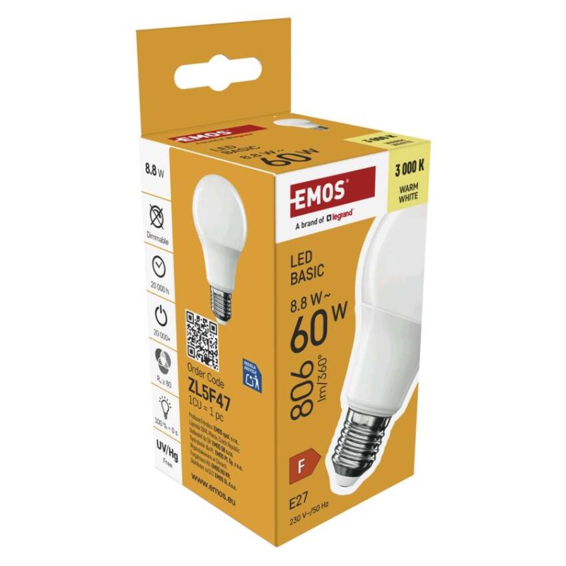 LED izzó Basic A60 / E27 / 8,8 W (60 W) / 806 lm / Meleg fehér