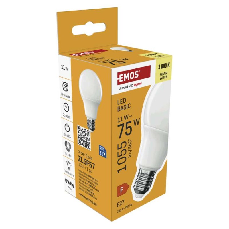 LED izzó Basic A60 / E27 / 11W (75 W) / 1055 lm / Meleg fehér