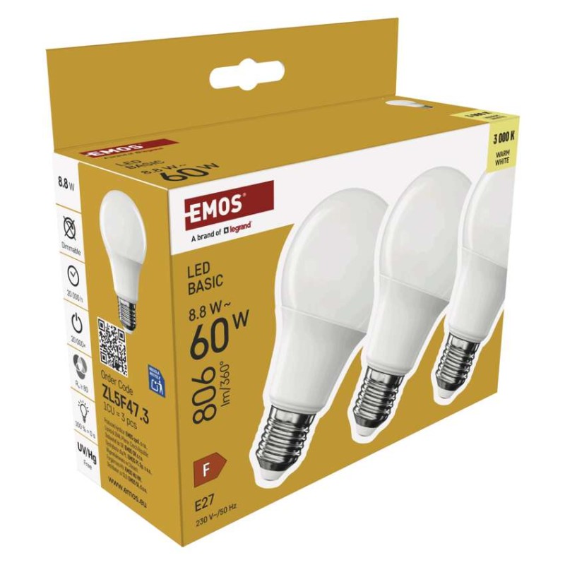 LED izzó Basic A60 / E27 / 8,8 W (60 W) / 806 lm / Meleg fehér