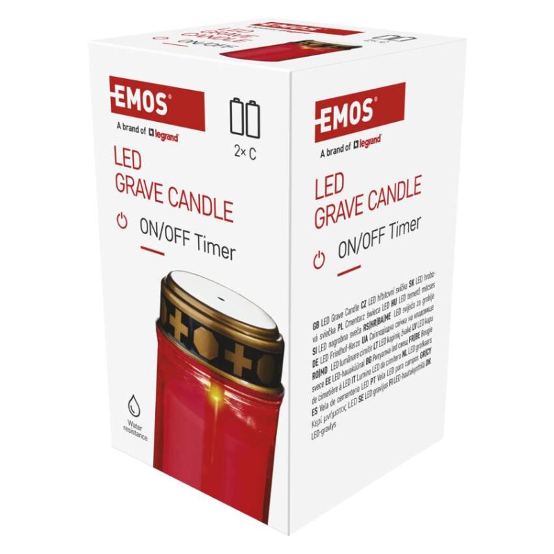 LED nagrobna sveča rdeča, 2x C, zunanja in notranja, topla bela, časovnik
