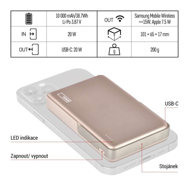 Powerbanka EMOS WI 1031, 10 000 mAh, 20 W + wireless, růžovo-zlatá