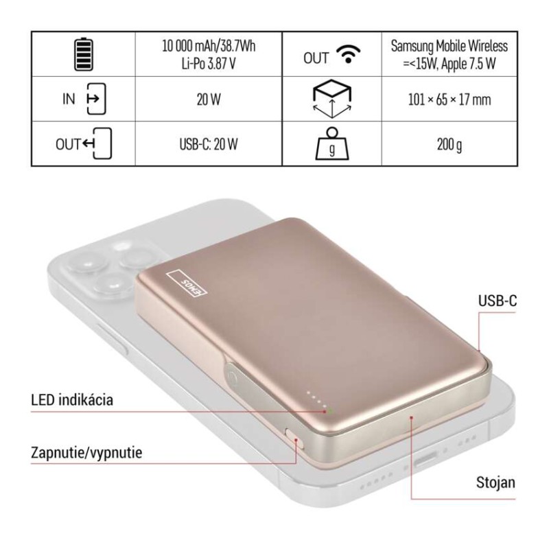 Power bank EMOS WI 1031, 10 000 mAh, 20 W + wireless, ružovo-zlatá