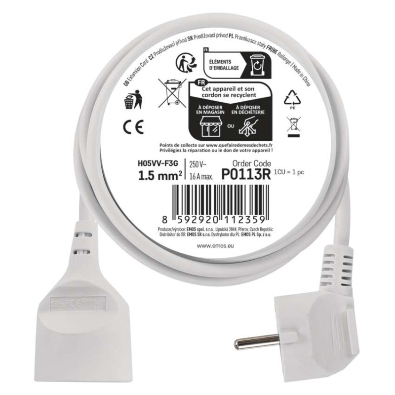 Przedłużacz 1 gniazdo 3m biały