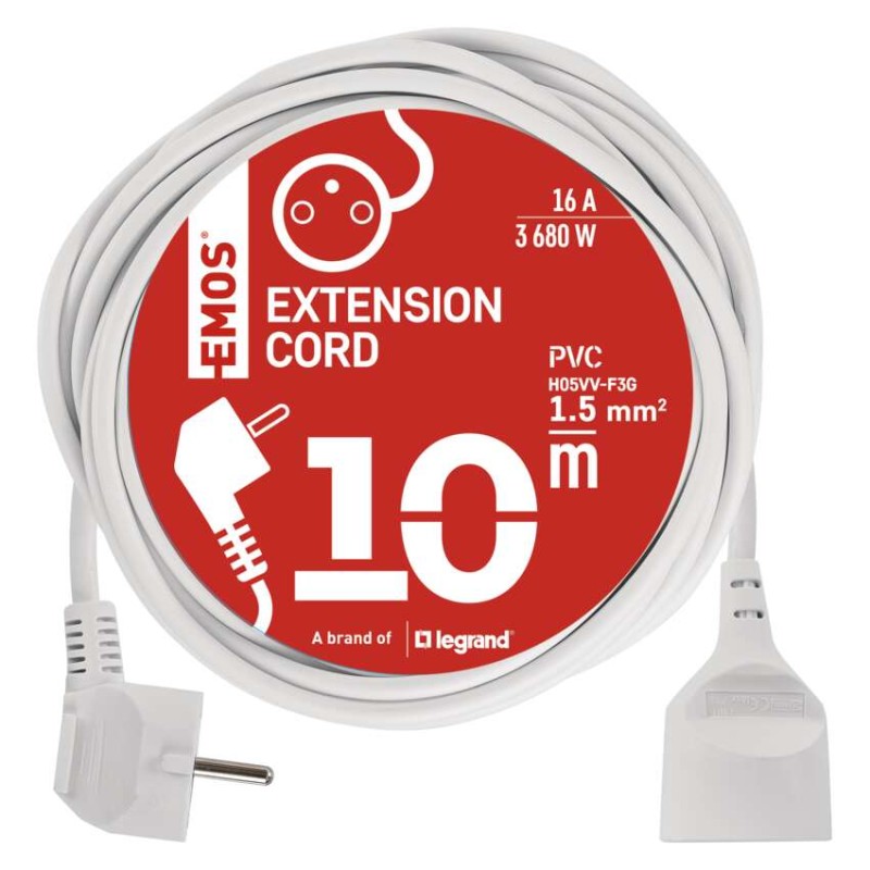 Przedłużacz 10 m / 1 gniazdo / biały / PVC / 1,5 mm2