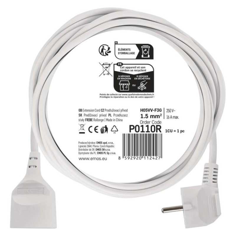 Przedłużacz 10 m / 1 gniazdo / biały / PVC / 1,5 mm2
