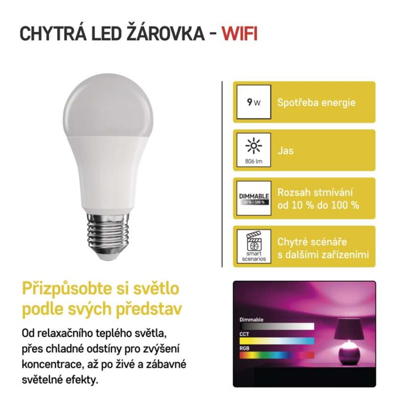 Chytrá LED žárovka GoSmart A60 / E27 / 9 W (60 W) / 806 lm / RGB / stmívatelná / WiFi