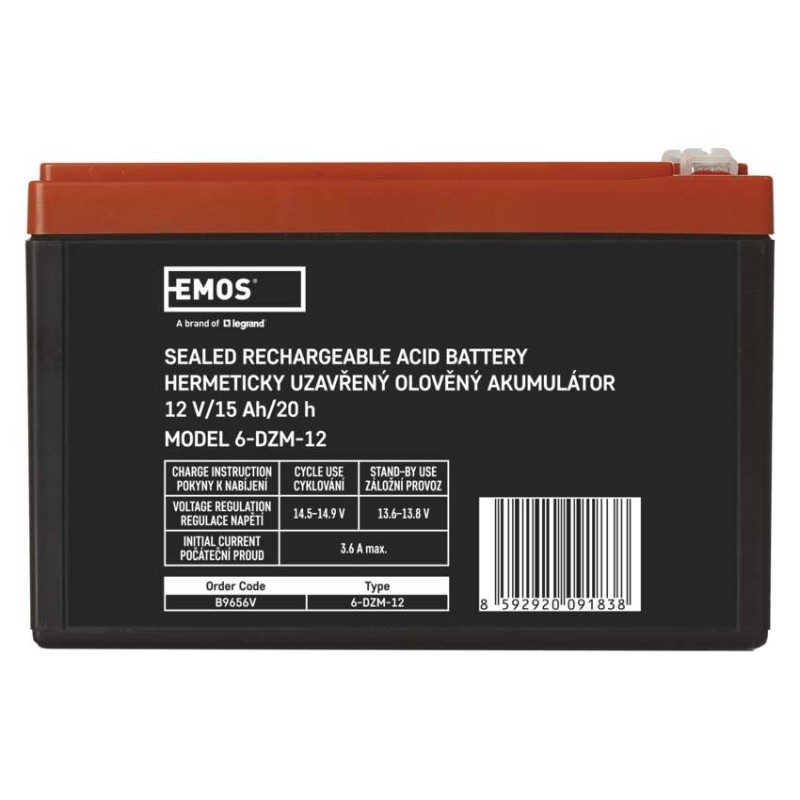 SLA (hermētisks svina un skābes elementu) akumulators, 12 V/15 Ah, Faston, 6,3 mm