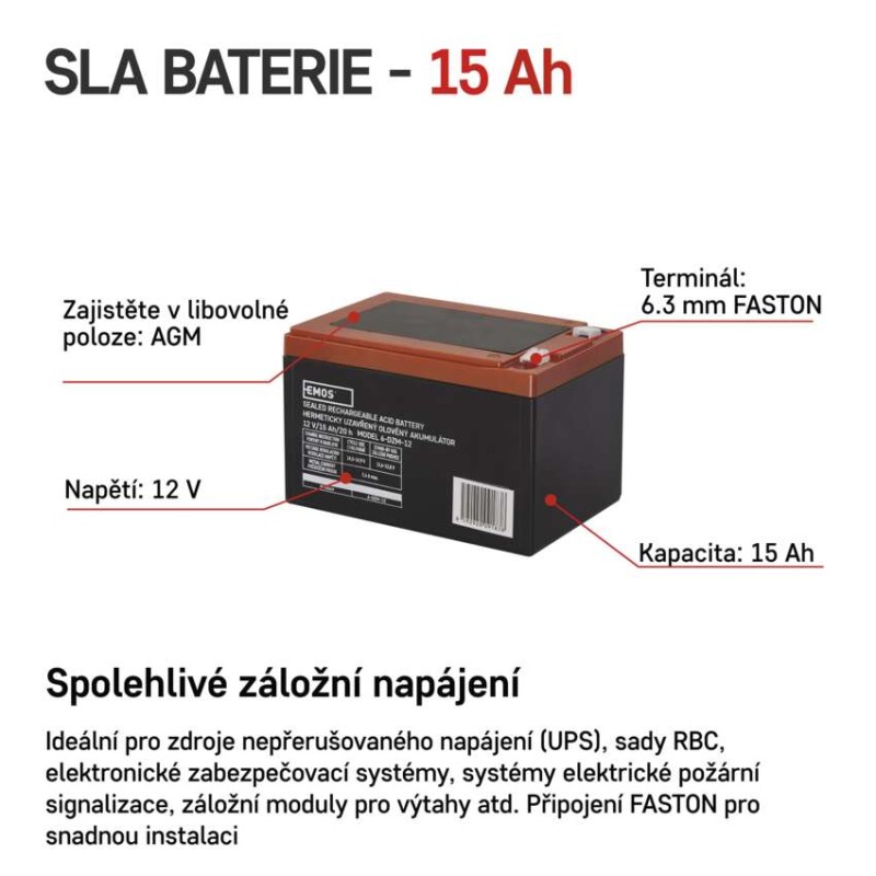 Bezúdržbový trakční olověný aku. 12 V/15 Ah, faston 6,3 mm