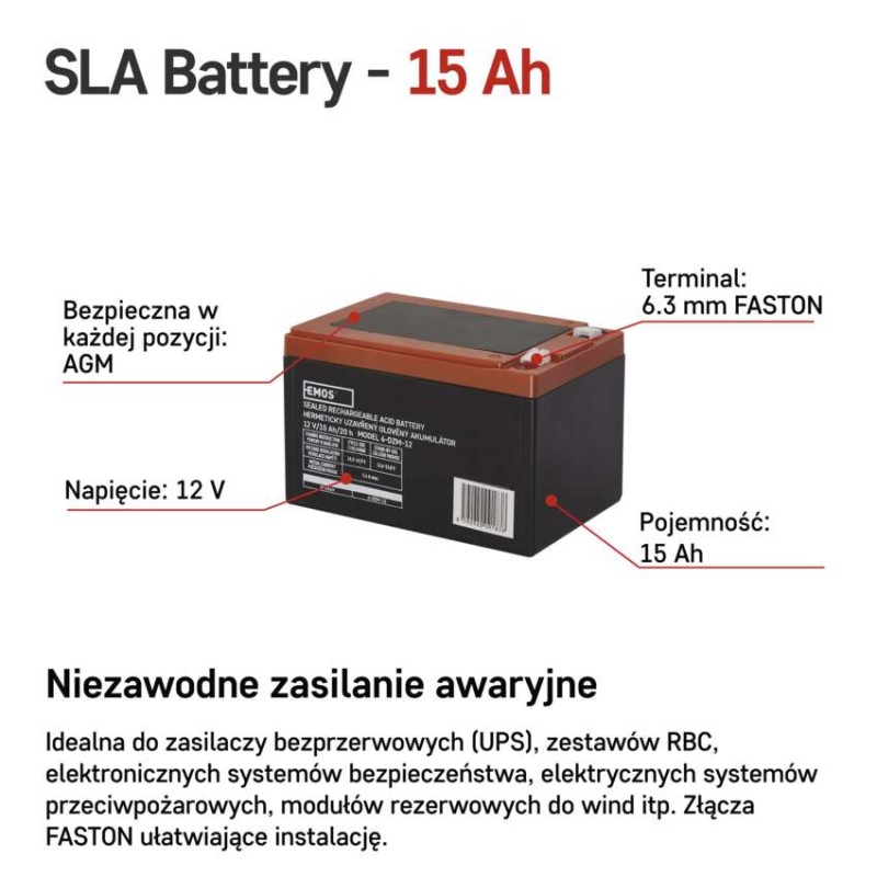Akumulator trakcyjny AGM 12 V/15 Ah F6,3