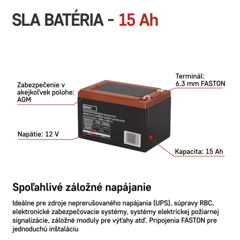 Bezúdržbový olovený trakčný aku. 12 V/15 Ah, faston 6,3 mm