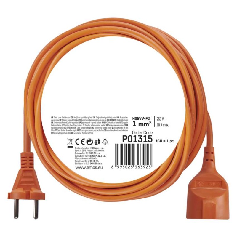 Przedłużacz 15 m / 1 gniazdo / pomarańczowy / PVC / 230 V / 1 mm2