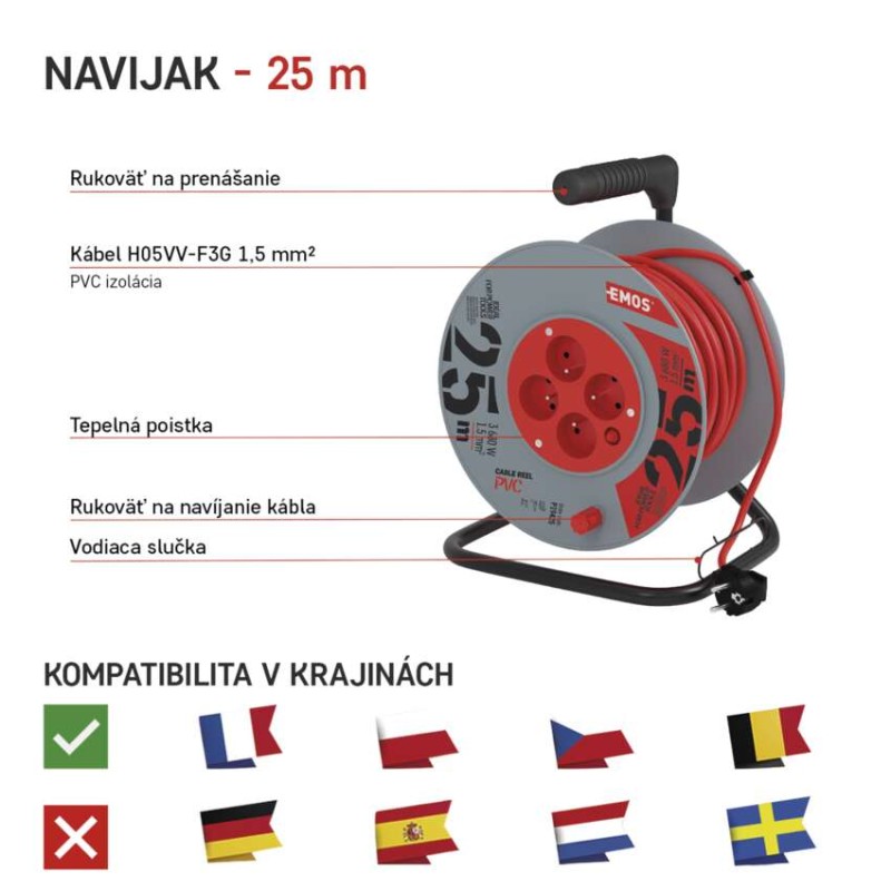 Predlžovací kábel na bubne 25 m / 4 zásuvky / červený / PVC / 230 V / 1,5 mm2