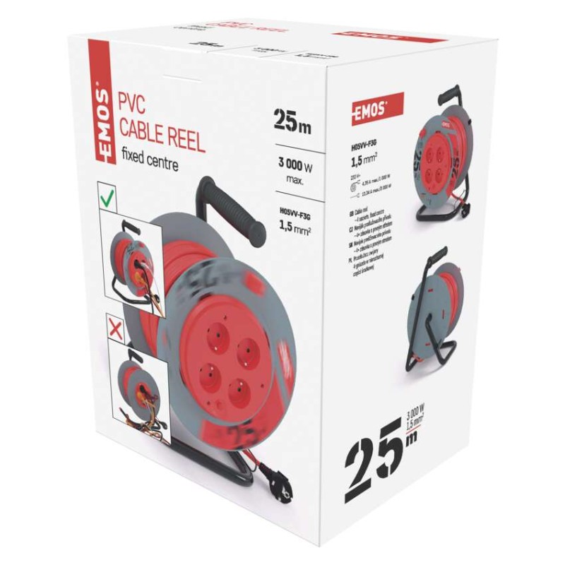 Prodlužovací kabel na bubnu, pevný střed / 25m / 4 zásuvky / červený / PVC / 230V / 1,5mm2