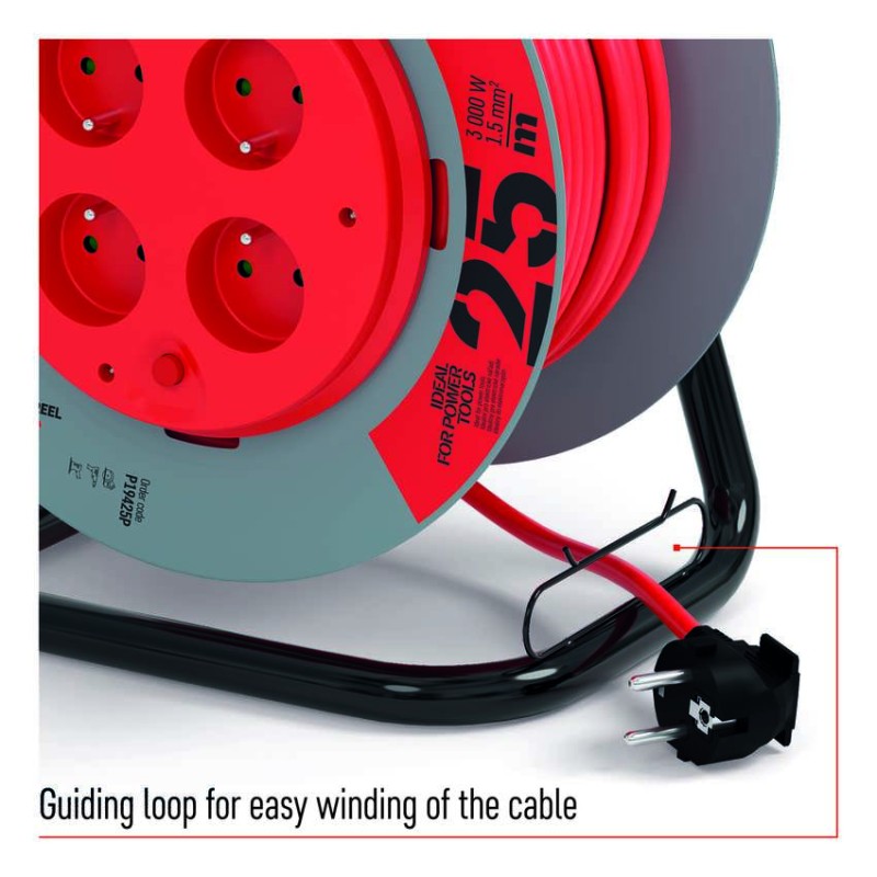 Prodlužovací kabel na bubnu, pevný střed / 25m / 4 zásuvky / červený / PVC / 230V / 1,5mm2