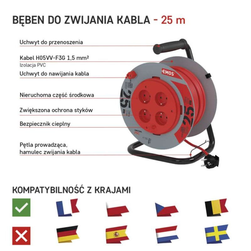 Przedłużacz bębnowy 25 m / 4 gniazda / PVC / 230 V / 1,5 mm2 / nieruchomy środek
