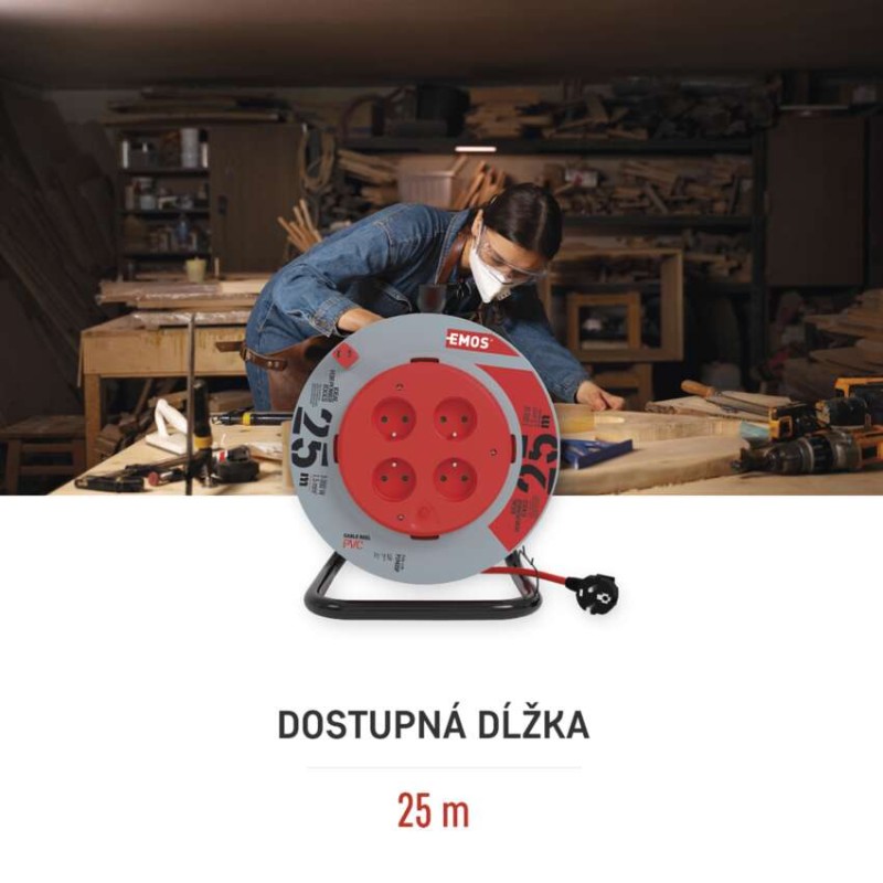 Predlžovací kábel na bubne 25 m / pevný stred / 4 zásuvky / červený / PVC / 230 V / 1,5mm2
