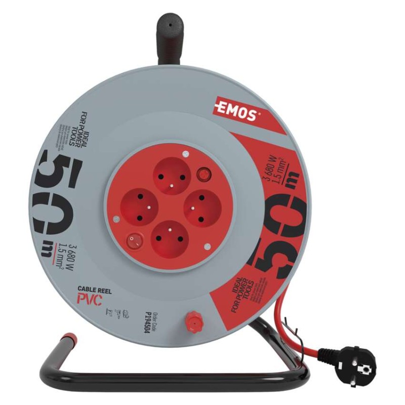 Prodlužovací kabel na bubnu 50 m / 4 zás. / s vypínačem / červený / PVC / 230V / 1,5 mm2