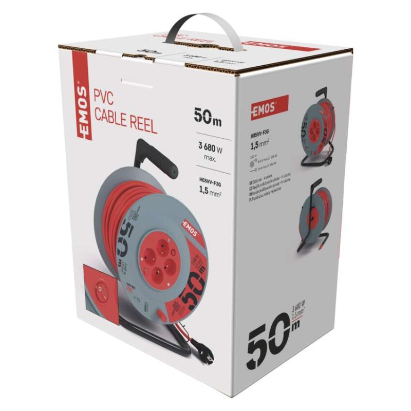 Prodlužovací kabel na bubnu 50 m / 4 zás. / s vypínačem / červený / PVC / 230V / 1,5 mm2