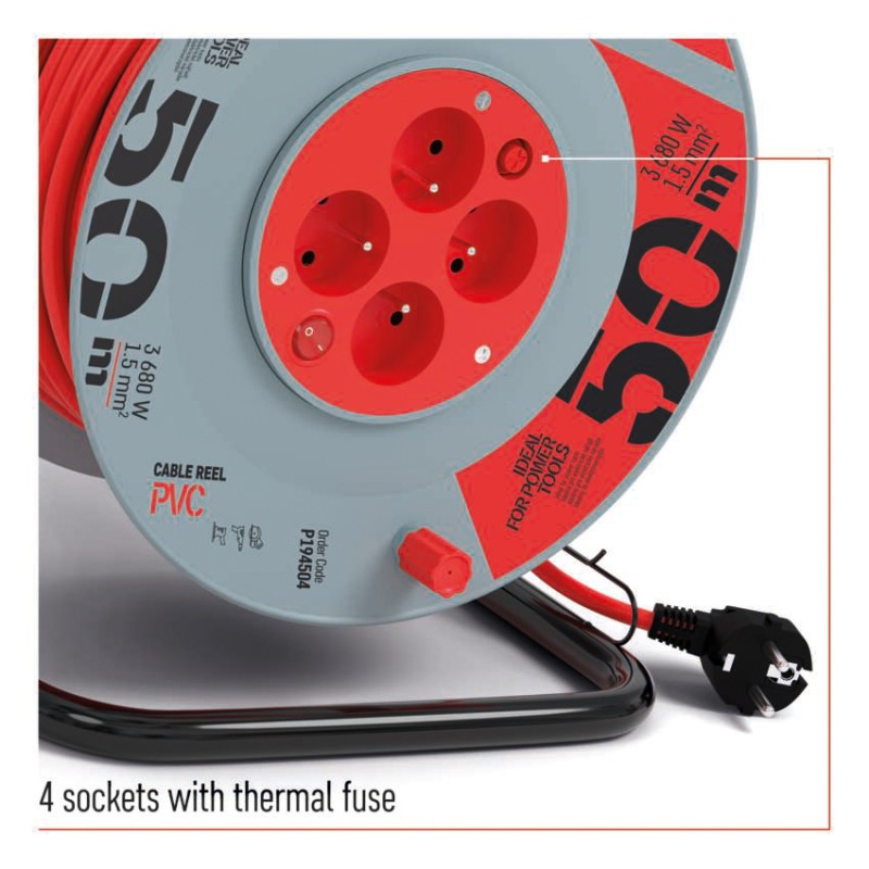 Prodlužovací kabel na bubnu 50 m / 4 zás. / s vypínačem / červený / PVC / 230V / 1,5 mm2
