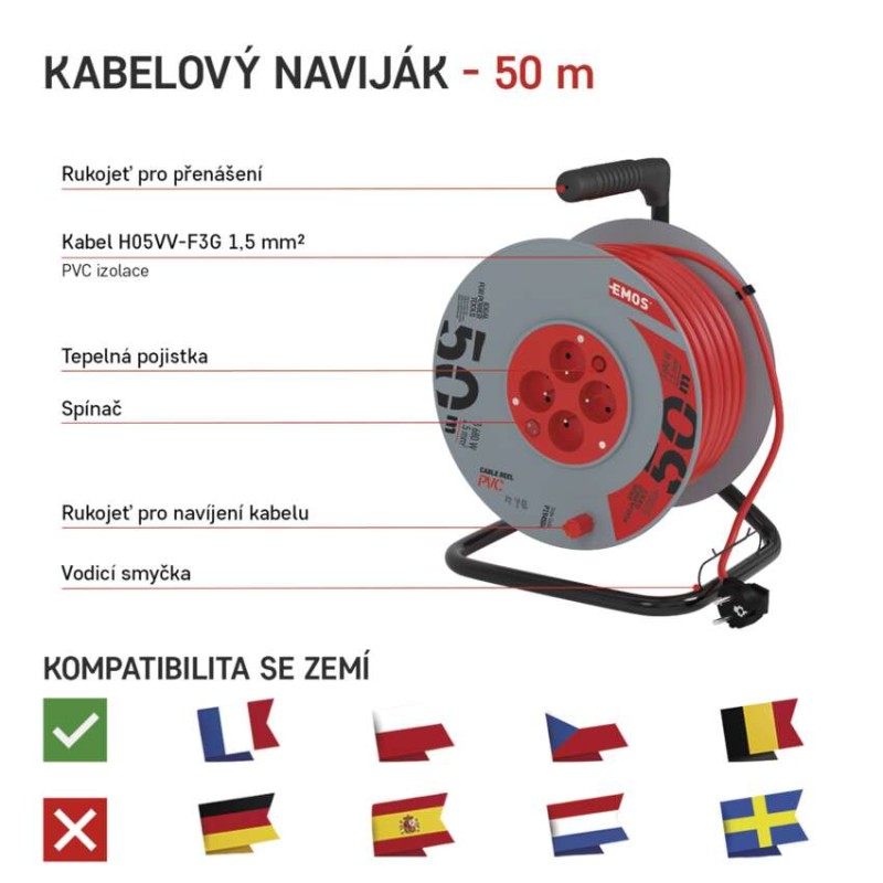 Prodlužovací kabel na bubnu 50 m / 4 zás. / s vypínačem / červený / PVC / 230V / 1,5 mm2