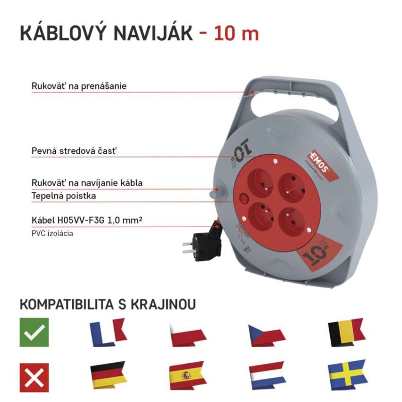 Predlžovací kábel na bubne 10 m / 4 zásuvky / červený / PVC / 230 V / 1 mm2
