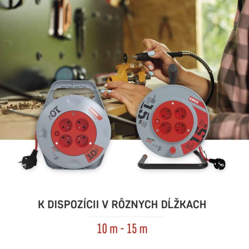 Predlžovací kábel na bubne 10 m / 4 zásuvky / červený / PVC / 230 V / 1 mm2
