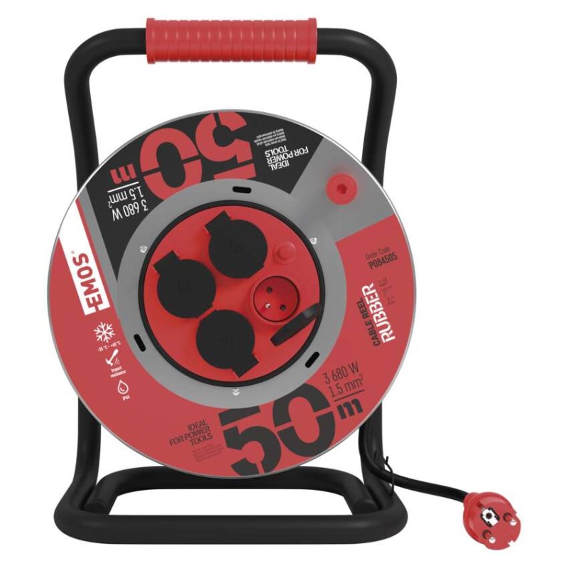 Venkovní prodlužovací kabel na bubnu 50 m / 4 zásuvky / černý / guma / 230 V / 1,5 mm2