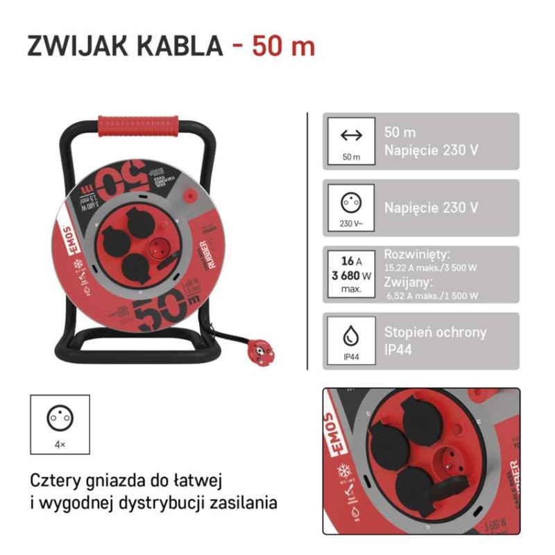 Przedłużacz bębnowy ogrodowy 50 m / 4 gniazda / czarny / guma / 230 V / 1,5 mm2