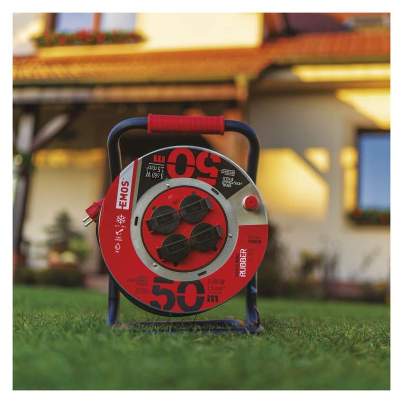 Venkovní prodlužovací kabel na bubnu 50 m / 4 zásuvky / černý / guma / 230 V / 1,5 mm2