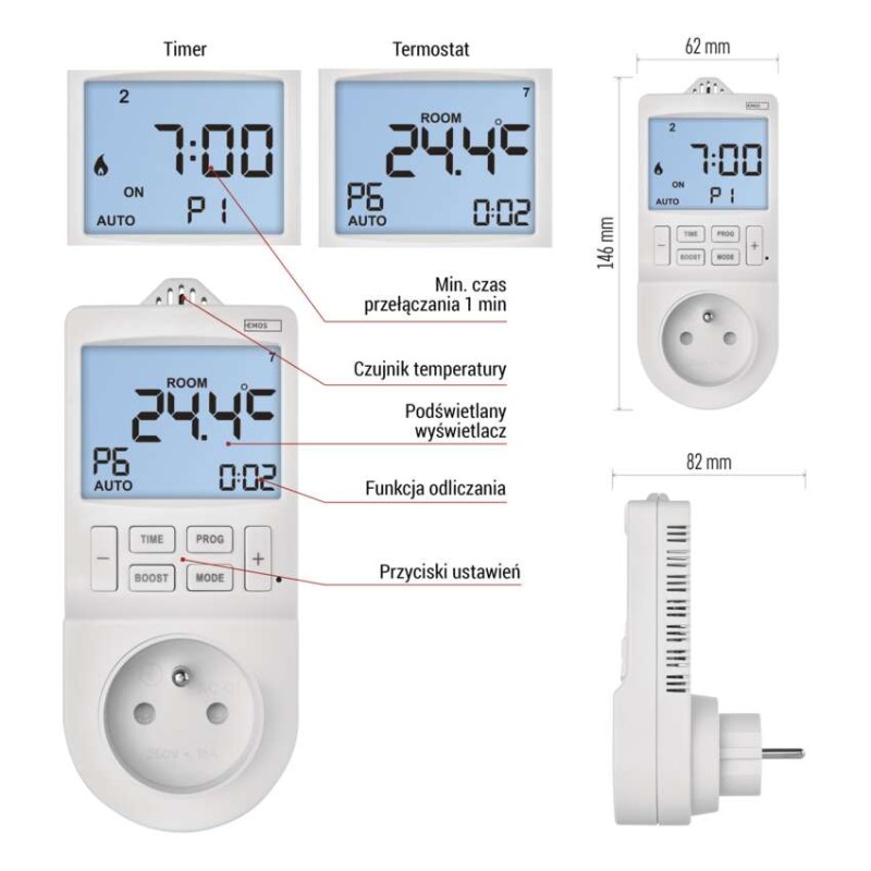 GoSmart Termostat gniazdkowy z funkcją timera cyfrowego 2w1 z WiFi