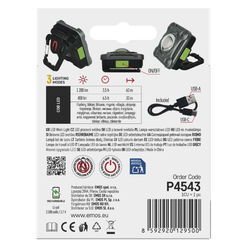 COB LED nabíjecí pracovní reflektor P4543, 1200 lm, 2000 mAh