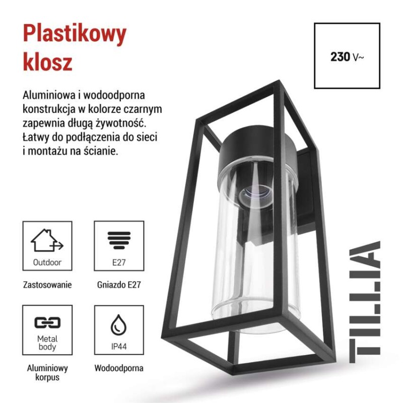 Lampa naścienna Garden TILLIA 27cm, na żarówkę E27 max 7W, IP44