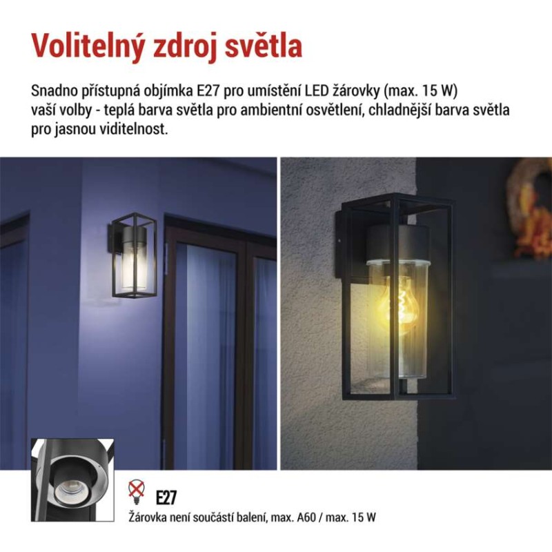 Zahradní nástěnné svítidlo TILLIA, 12,8 x 11 x 27 cm, 1 x E27, 15 W