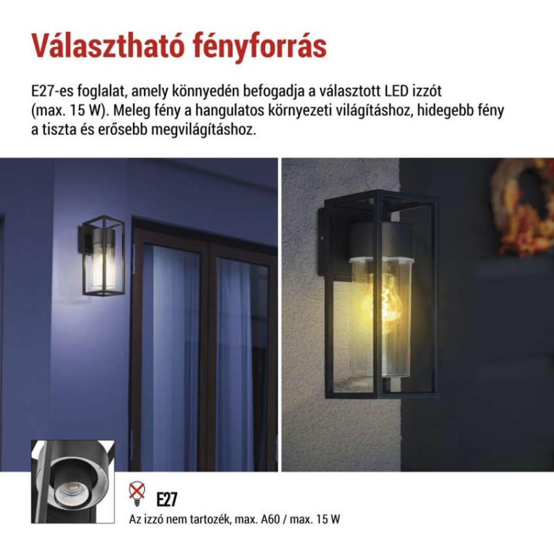 Kerti fali lámpa TILLIA, 12,8 x 11 x 27 cm, 1 x E27, 15 W