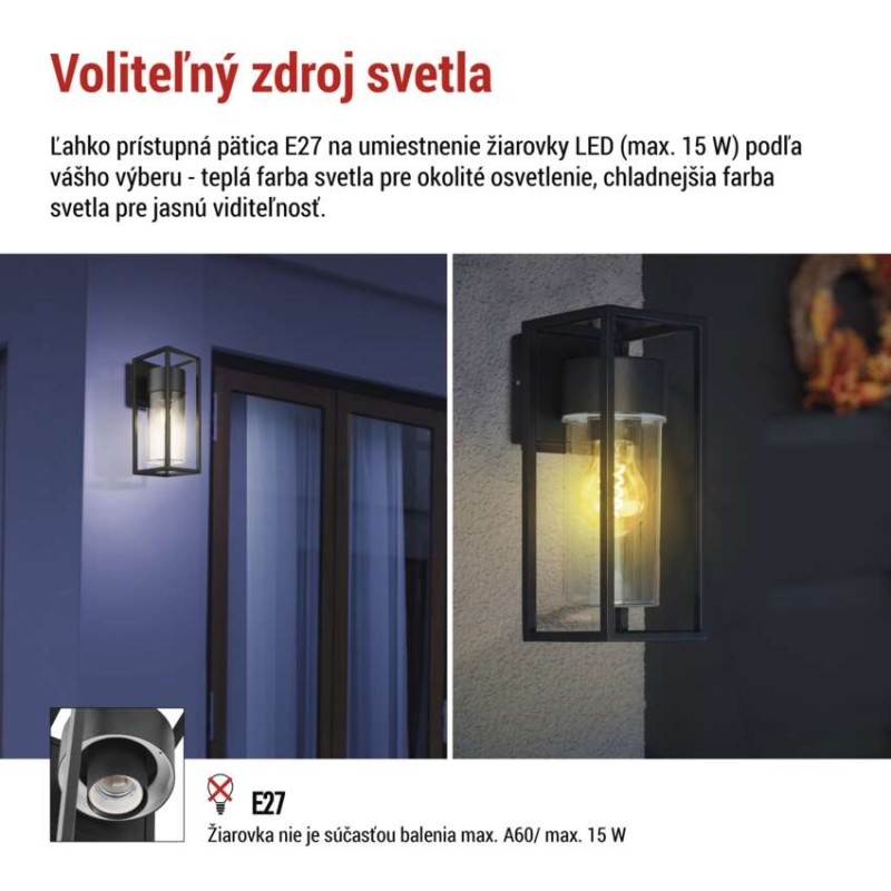 Záhradné nástenné svietidlo TILLIA, 12,8 x 11 x 27 cm, 1 x E27, 15 W