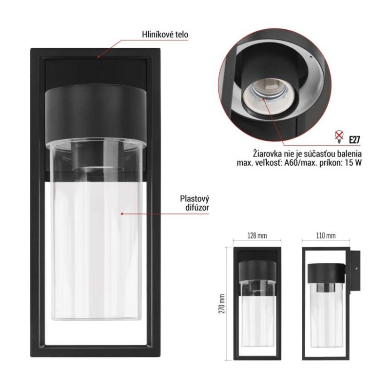 Záhradné nástenné svietidlo TILLIA, 12,8 x 11 x 27 cm, 1 x E27, 15 W