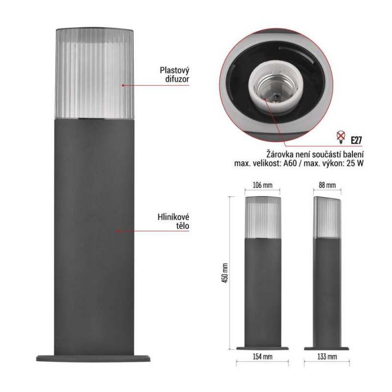 Zahradní sloupkové svítidlo LANA, 15,3 x 13,3 x 45 cm, 1 x E27, 25 W