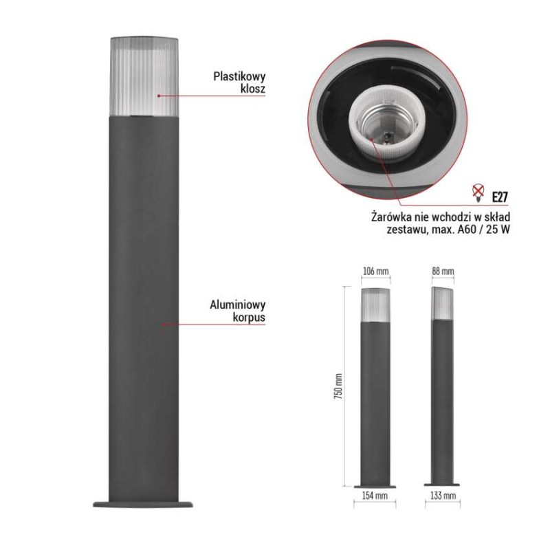 Słupek oświetleniowy Garden LANA 75cm, na żarówkę E27 max 25W, IP54