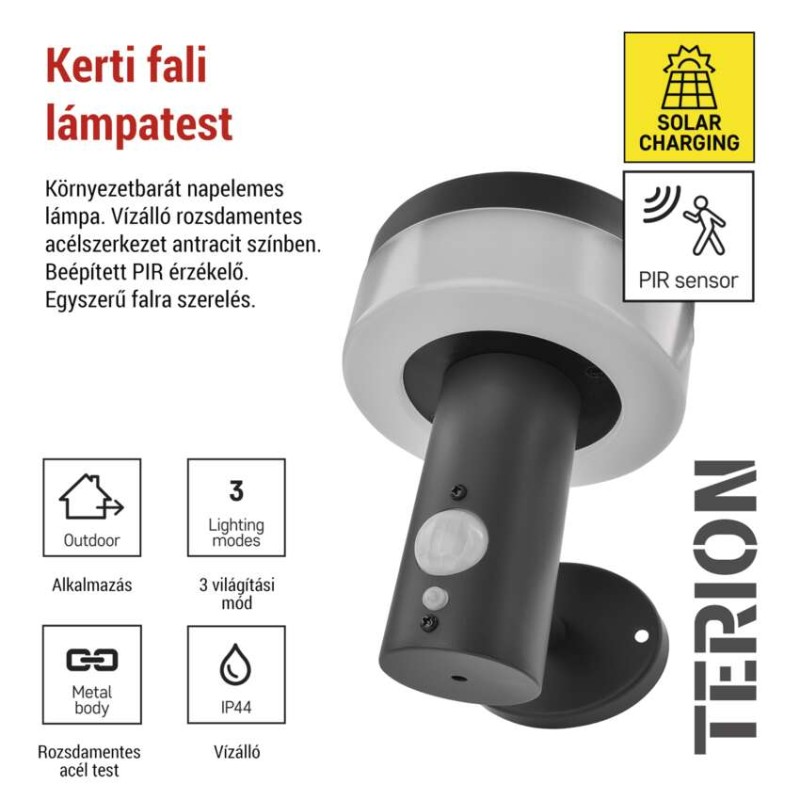 LED napelemes kerti fali lámpa TERION szürkületérzékelővel, 12,5 x 14,7 x 14,6 cm