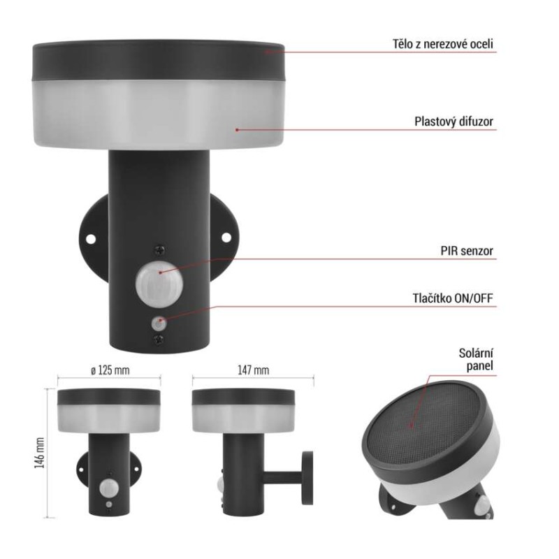 LED zahradní solární nástěnné svítidlo TERION, čidlo soumraku, 12,5 x 14,7 x 14,6 cm