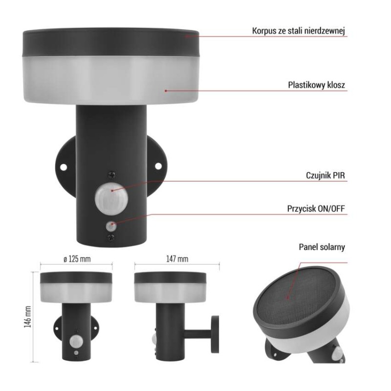 Lampa LED Garden TERION solarna 15 cm, ciepła biel, max 200 lm, IP44, PIR
