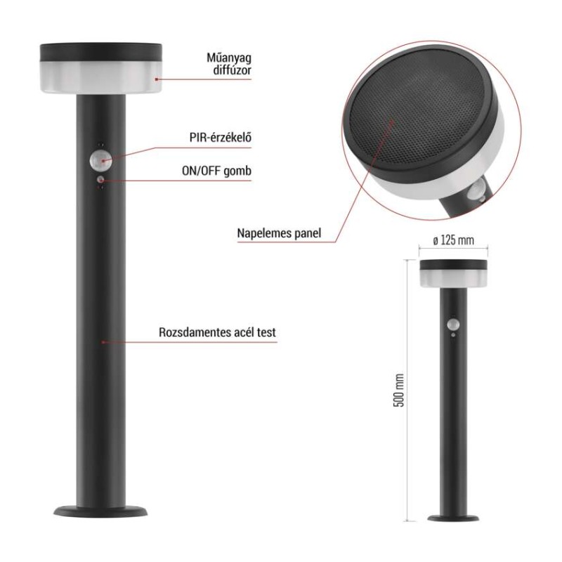 LED napelemes kerti lámpa TERION szürkületérzékelővel, 12,5 x 12,5 x 50 cm