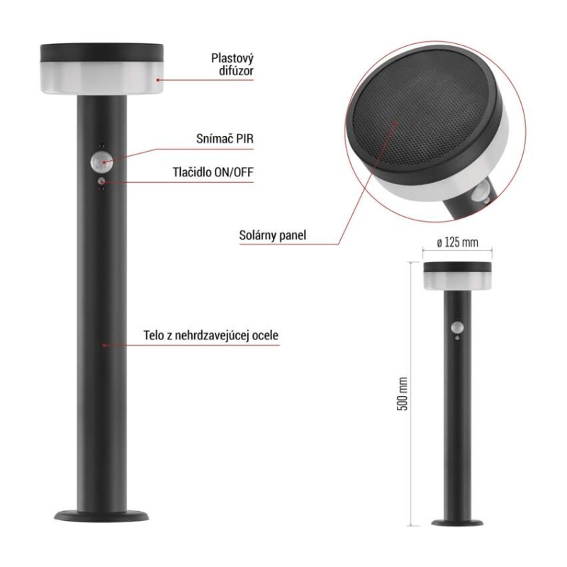 LED záhradné solárne stĺpikové svietidlo TERION, senzor súmraku, 12,5 x 12,5 x 50 cm