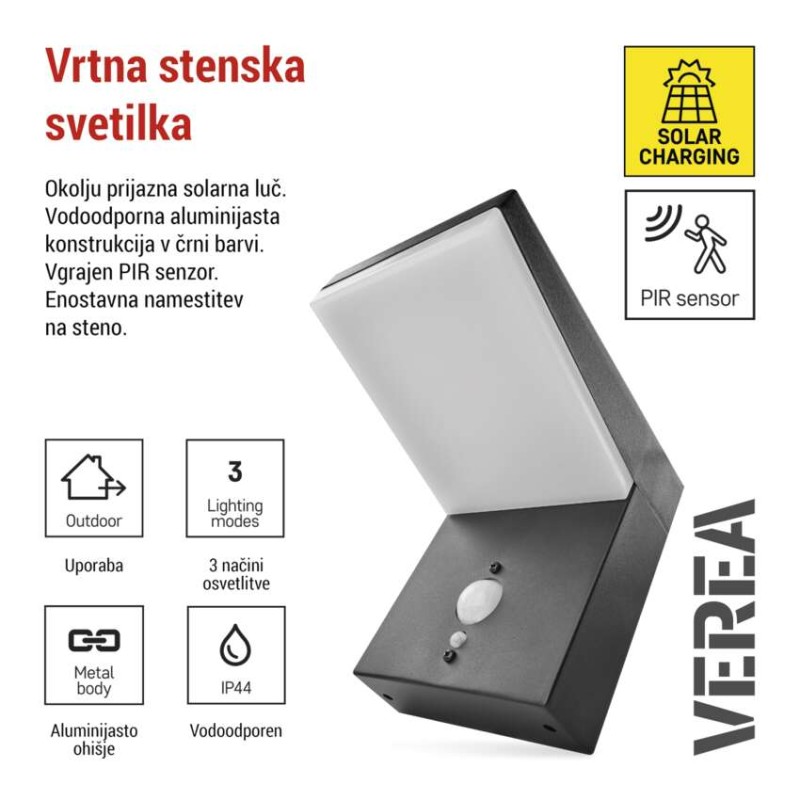 Vrtna LED stenska svetilka VEREA s PIR senzorjem, 10,7 x 15,4 x 13 cm